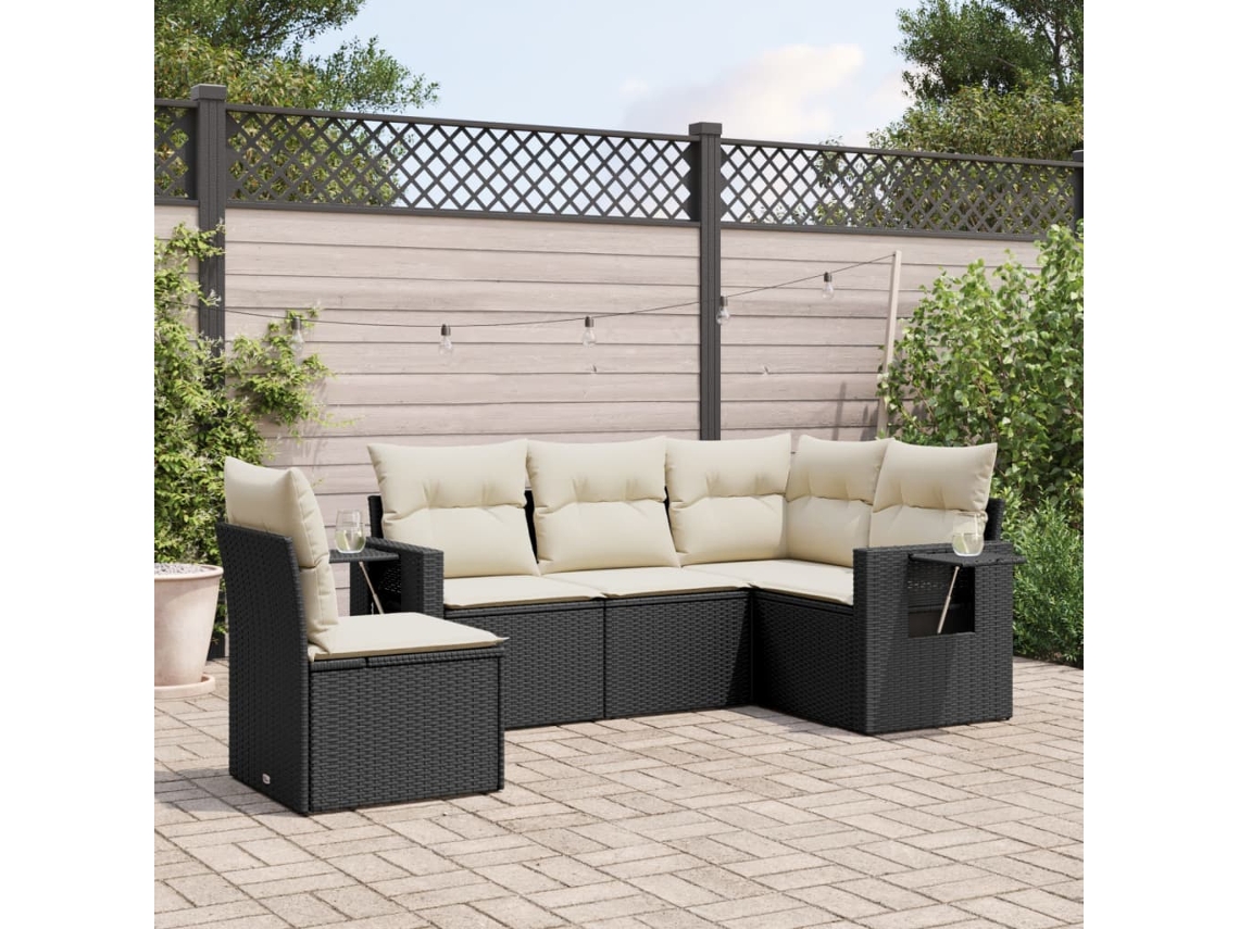 Vidaxl 5 Pcs Conjunto Sofás De Jardim Com Almofadões Vime Pe Preto