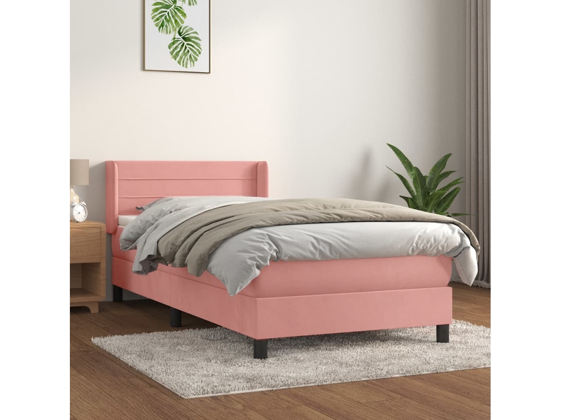 Cama Com Molas/colchão 90x200 Cm Veludo Rosa