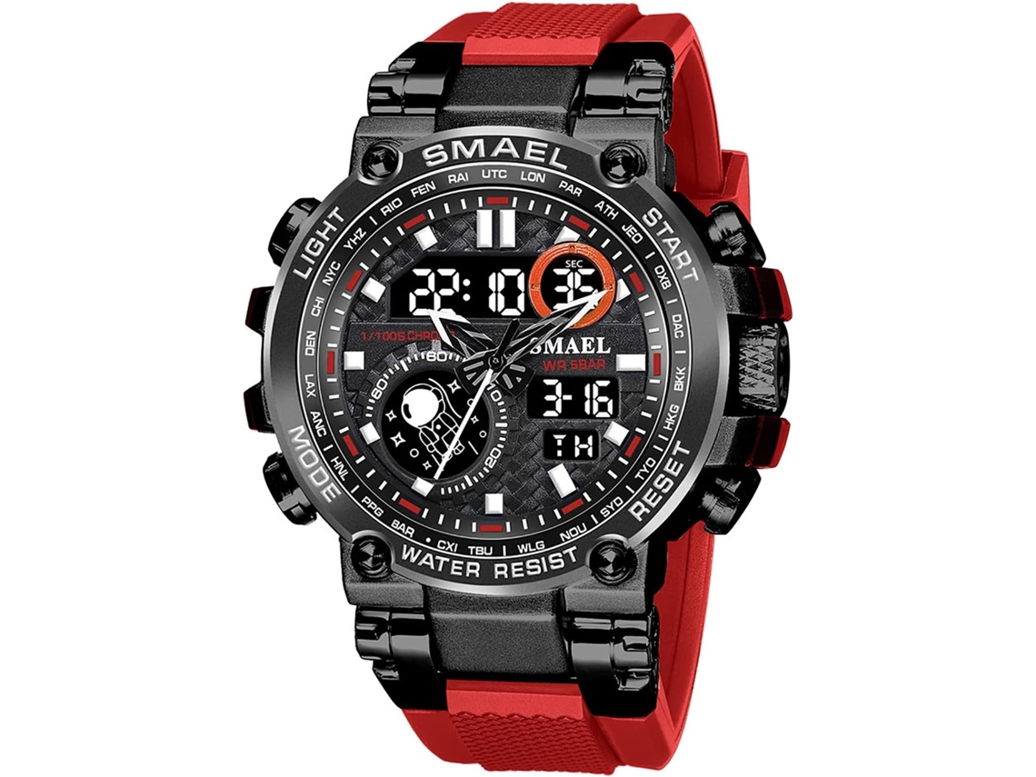 Lurelia Relógio Digital Masculino, Visor Digital, Led, Cronómetro, Alarme, Data/calendário, Luminoso, Duplo Fuso/mostrador, Pele, Tpu, Vermelho