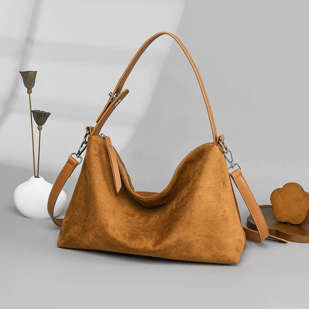 Bolsa Transversal Feminina Vintage Em Camurça Marrom, Bolsa De Ombro, Bolsa Casual.