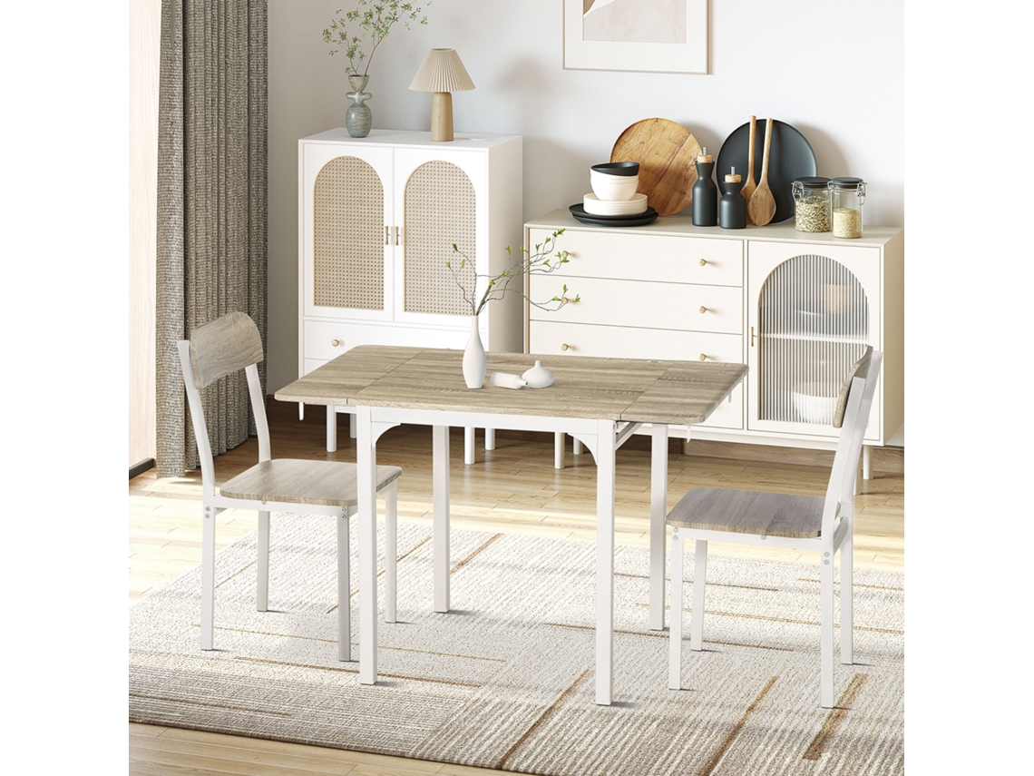 Conjunto De Jantar 3 Peças Mesa Dobrável 120x60x75cm Com 2 Cadeiras Aço Mdf Branco Natural Para Cozinha E Sala De Jantar Echo