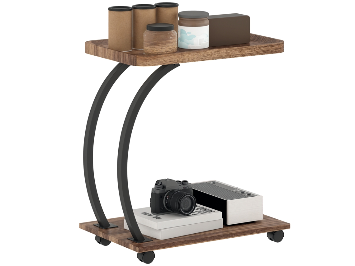 Mesa Lateral em Formato de C com Rodas, Bandeja Superior e Prateleira Inferior para Sofá Ou Cama, 52x34x60 Cm, Marrom e Preto Ge