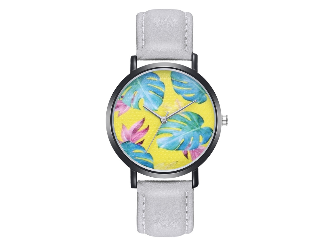 Relógio de pulso de quartzo com pulseira de couro PU, estampa de folhas coloridas, Zhoulianfa cinza, unissex.