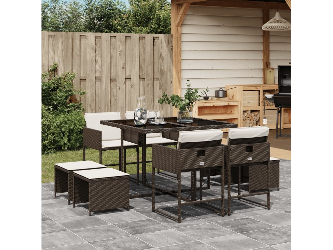 Conjunto 9 Peças Jantar P/ Jardim C/ Almofadões Vime Pe Marrom Dkd Home Decor
