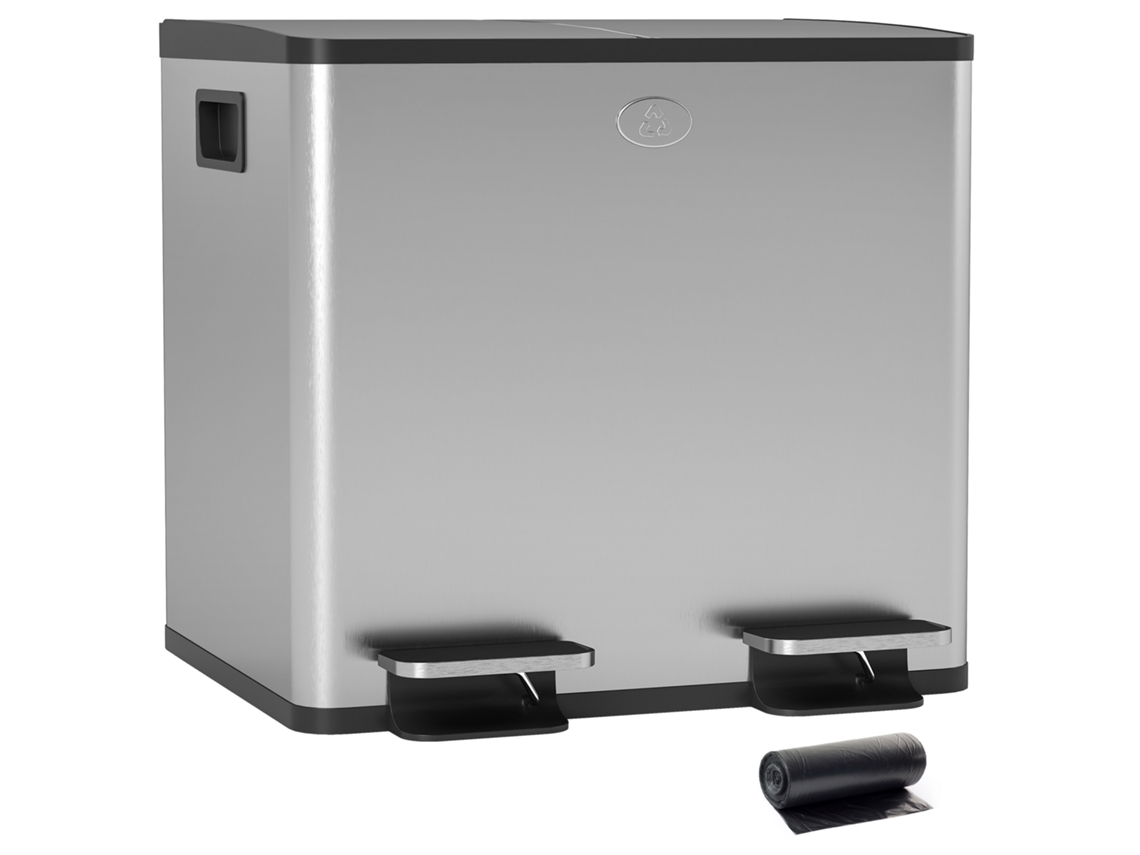 Lixeira De Cozinha Em Aço Inoxidável Com 2 Compartimentos (2 X 15l), Pedais, Tampas Com Fechamento Suave E Balde Removível - Prateada