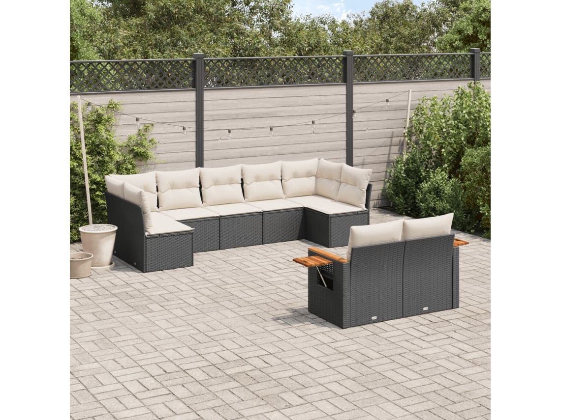 9 Pcs Conjunto De Sofás P/ Jardim C/ Almofadões Vime Pe Preto Dkd Home Decor