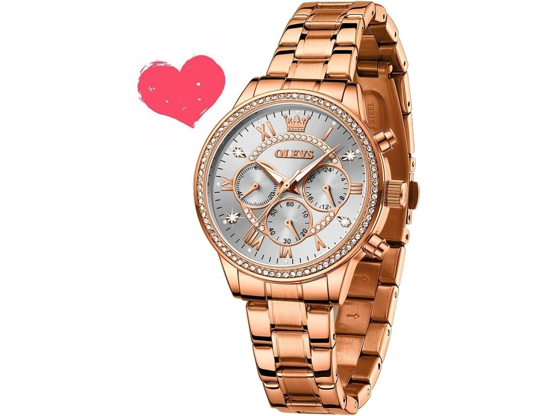 Lurelia Relógio Feminino, Movimento De Quartzo, Analógico, Data/calendário, Luminoso, Detalhes Com Strass, Aço Inoxidável, Rosa Ouro