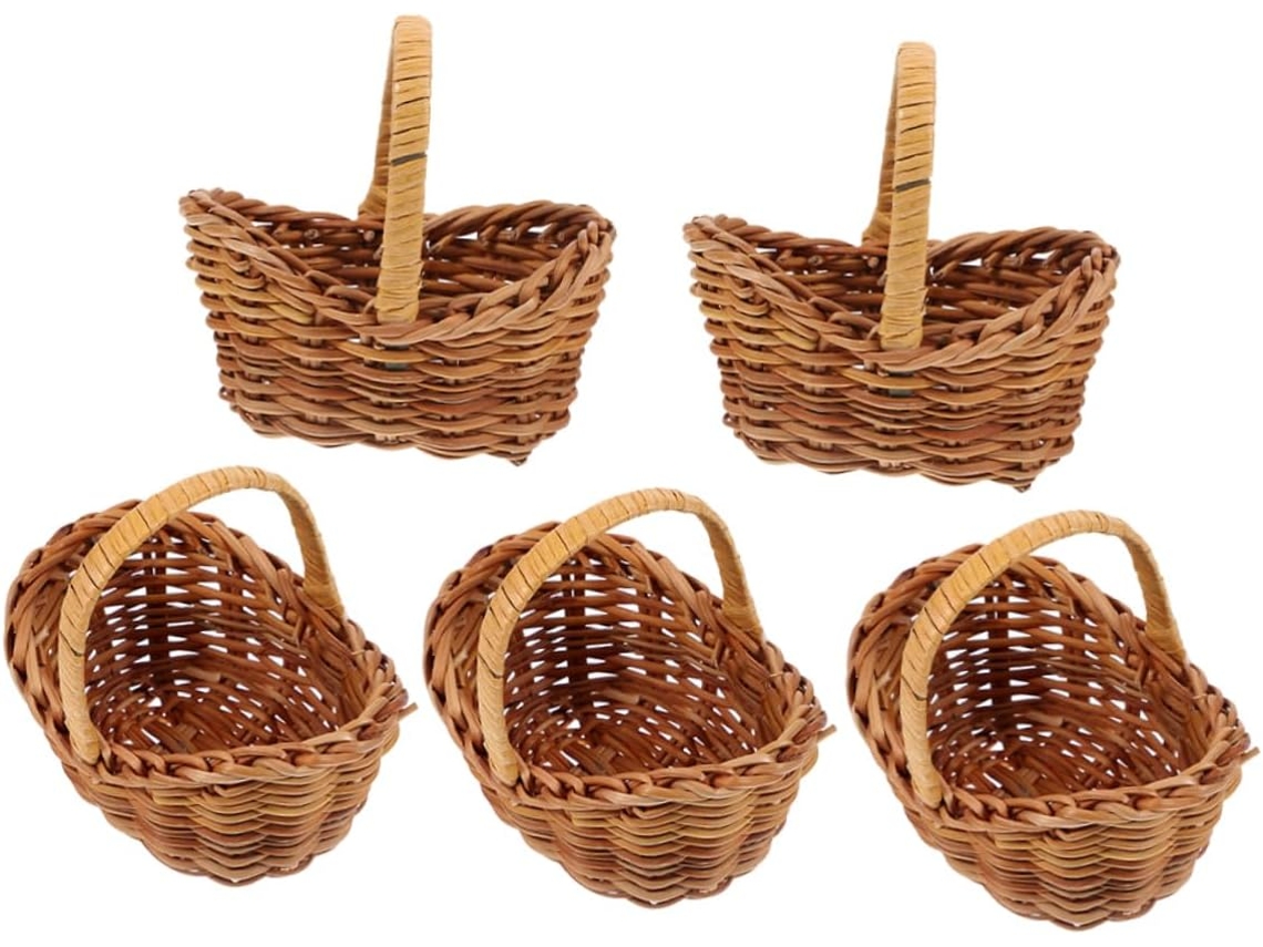 Conjunto De 5 Cestos Em Miniatura De Rattan Marrom Com Alça.