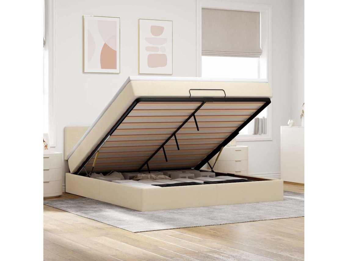Estrutura De Cama Otomana Com Colchão Tecido Creme 160x200cm