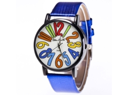 Relógio de quartzo unissex com pulseira de couro PU e estampa de números coloridos (azul)