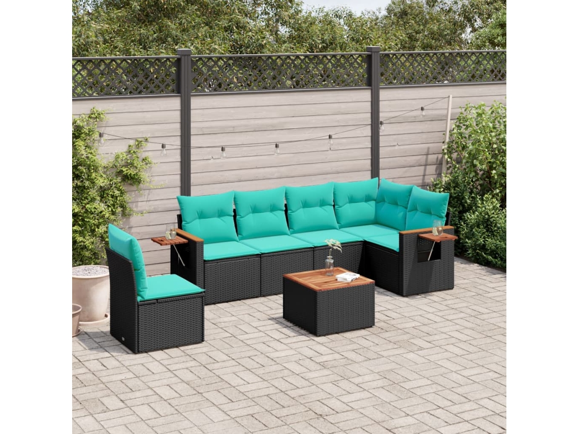 Vidaxl 7 Pcs Conjunto De Sofás P/ Jardim C/ Almofadões Vime Pe Preto