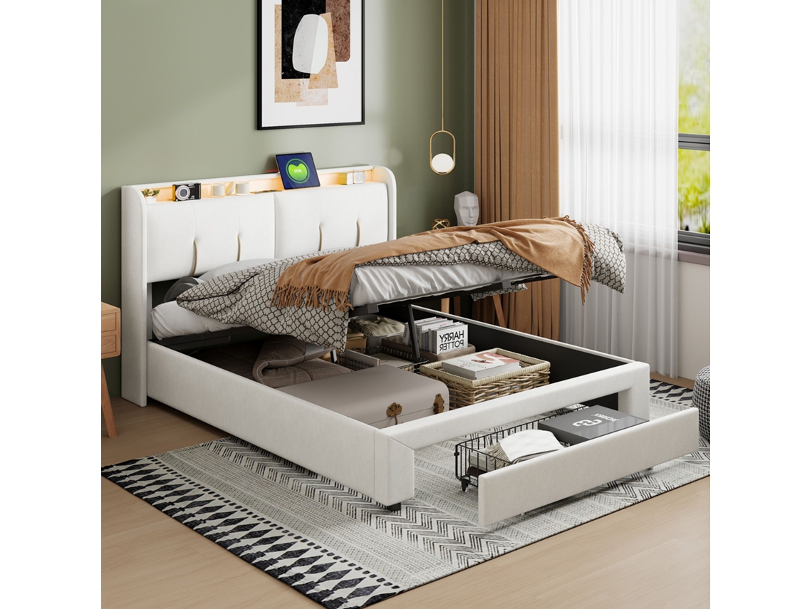 Cama De Casal Adulta 140x200 Cm Com Arrumação Hidráulica, Led Regulável, Cabeceira Com Arrumação E Portas Usb, Veludo, Bege, Sem Colchão