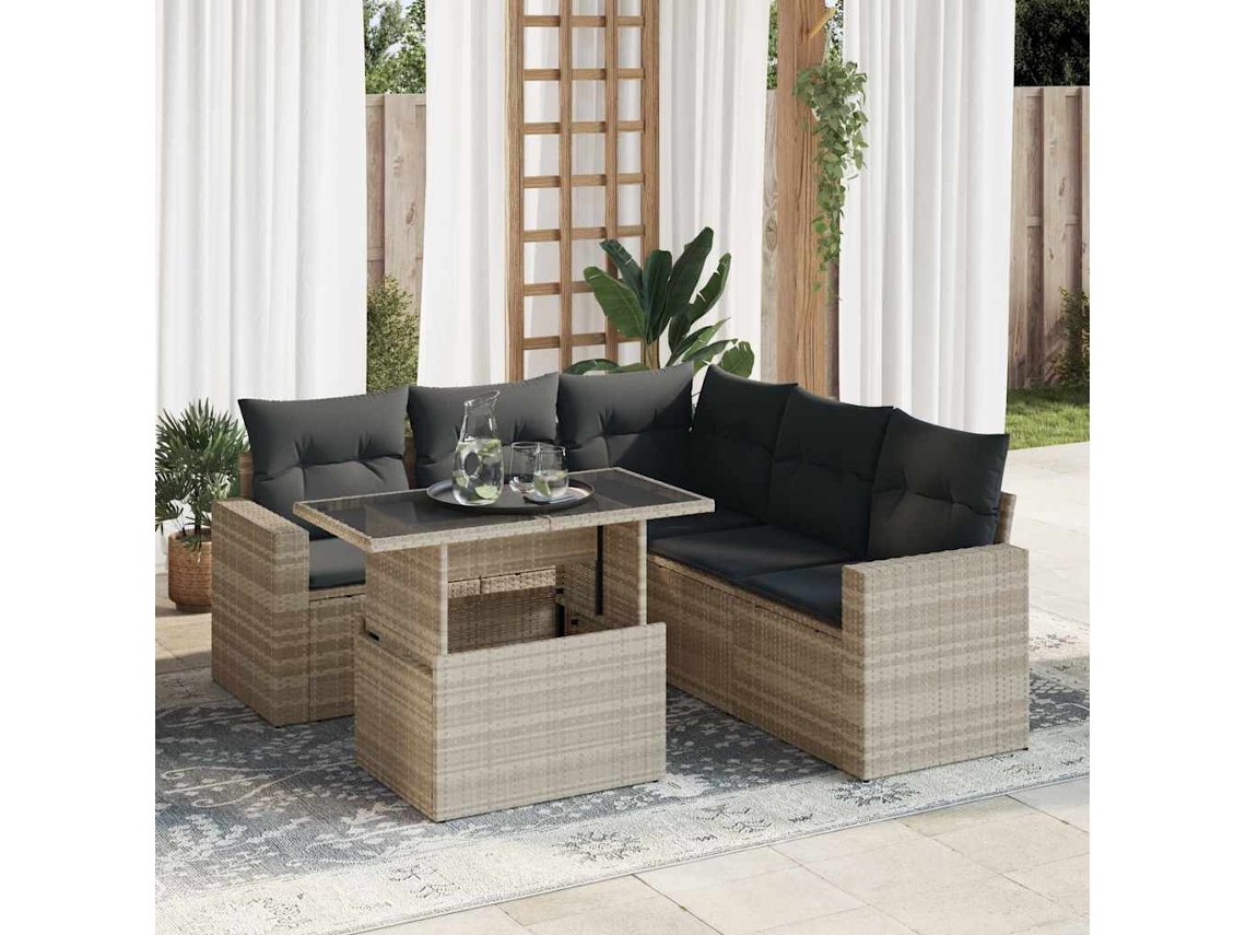 Vidaxl 6 Pcs Conj. Sofás Jardim Com Almofadões Vime Pe Cinzento-claro
