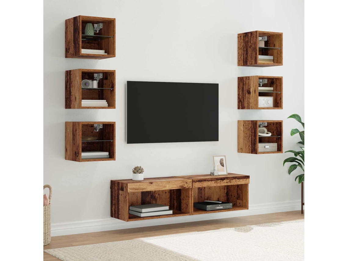 Vidaxl Gabinete para Tv com Gaveta 8 Pcs Madeira Antiga Vidro