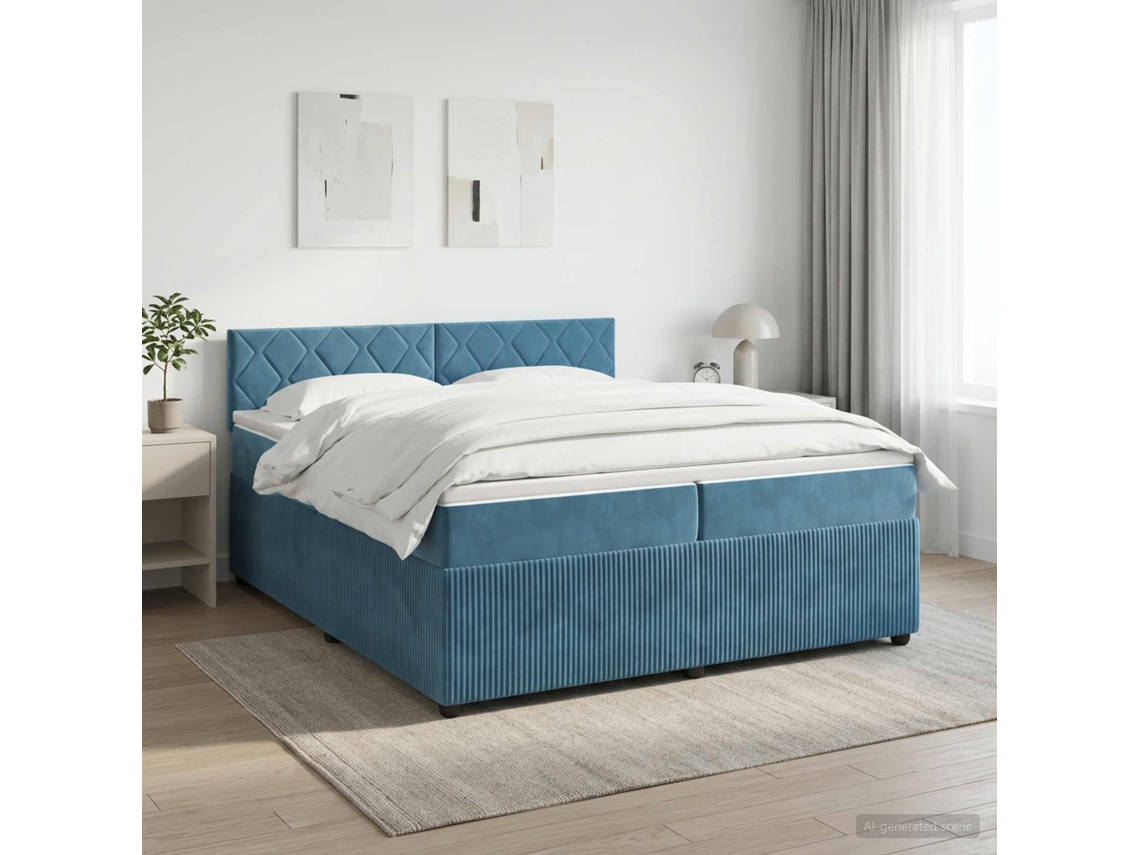 Vidaxl Cama Box Spring Com Colchão Azul Escuro 200 X 200 Cm Veludo
