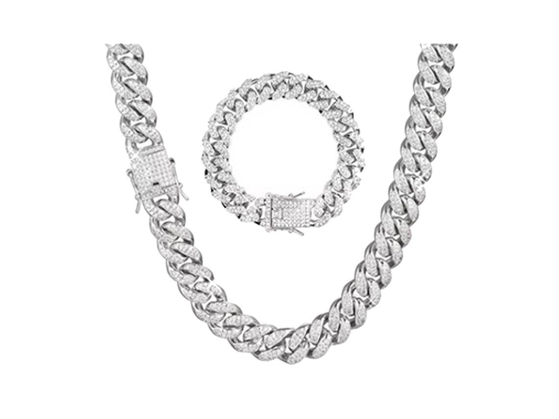 Conjunto Colar Pulseira Cuban Link Com Strass Presente Aniversário