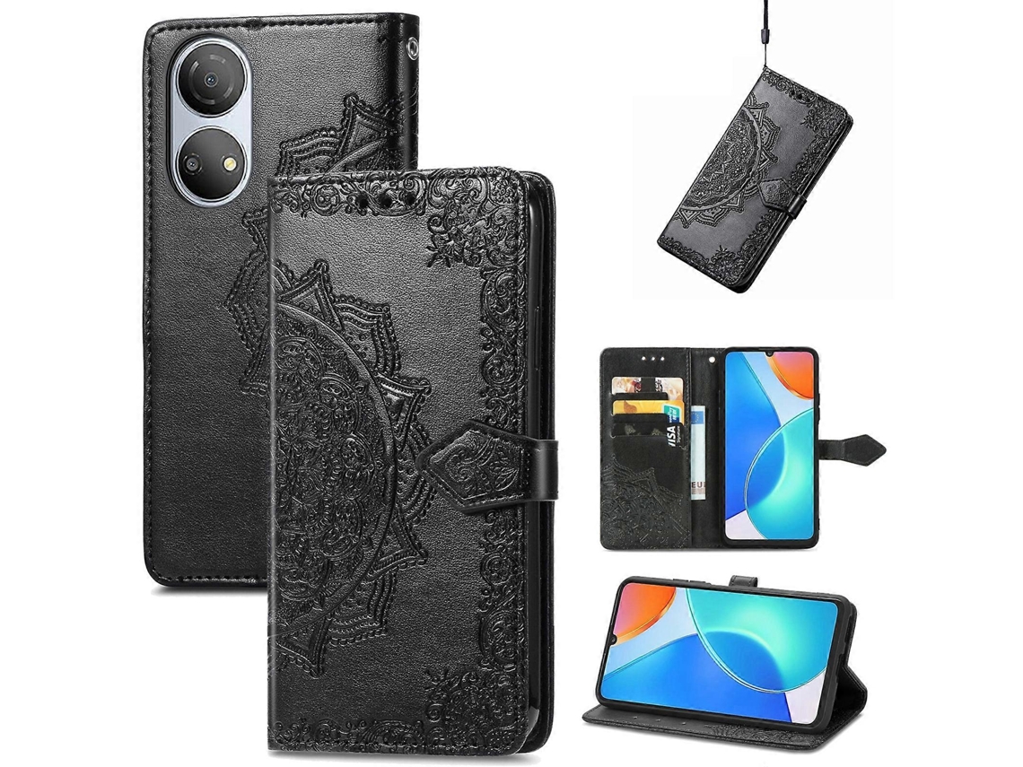 Capa De Celular For Honor Play 30 Plus / X7 Com Estampa De Mandala Floral Em Relevo E Abertura Horizontal Em Couro.