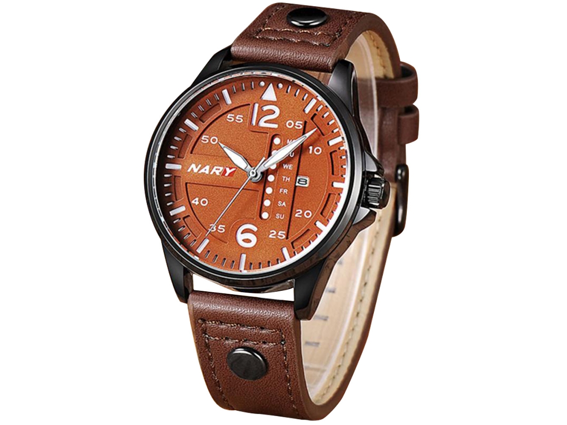 Relógio masculino Nary Fashion com calendário, relógio analógico à prova d'água, pulseira de couro PU.