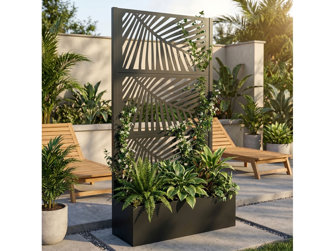 Kisha - Floreira De Jardim Divisória Com Treliça 98x180x30 Cm Recipiente Em Metal Preto