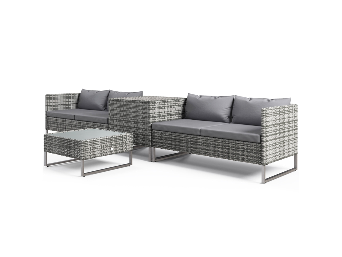 Conjunto De 4 Móveis De Vime Para Jardim Com 2 Sofás Duplos Mesa Central Com De Baú Almofadas Removíveis 132x69x64 Cm Cinza