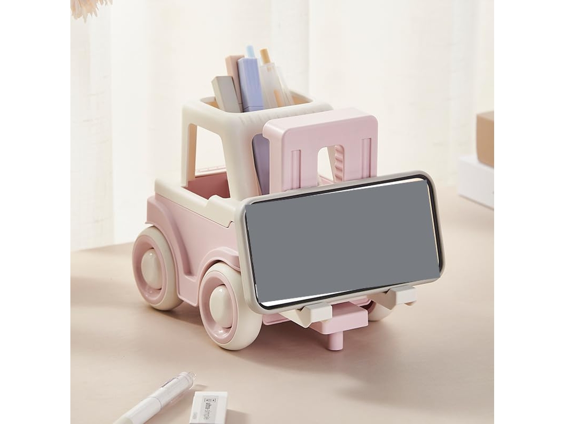 Porta canetas em formato de empilhadeira com suporte para celular, organizador de mesa multifuncional, rosa, para crianças AQUAFORGE
