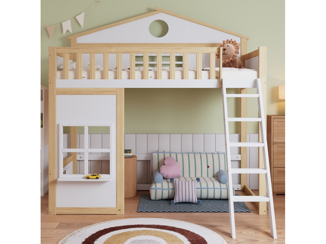 Beliche Infantil C/ Escada, Proteção E Grades, Telhado E Janela, Espaço Livre Inferior, Pinho+mdf, Branco+natural, 90x200cm