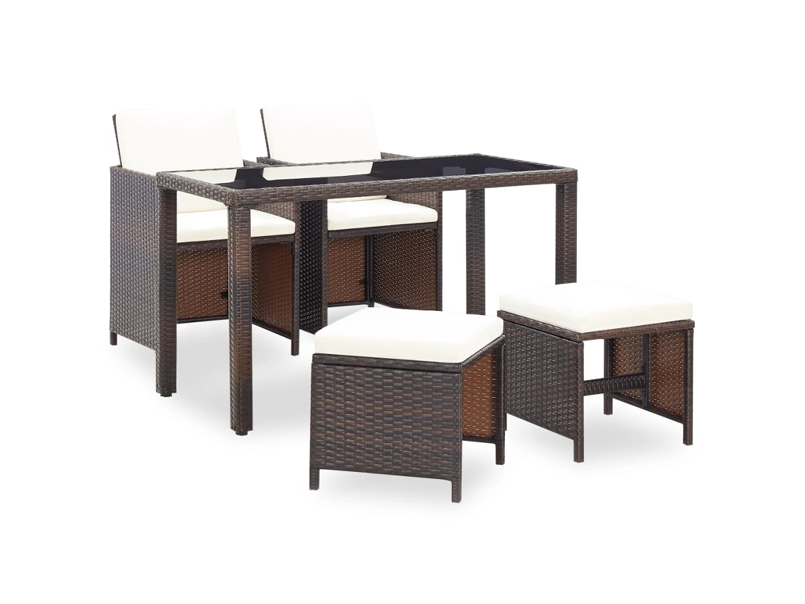 Vidaxl 5 Pcs Conjunto De Jantar Exterior C/ Almofadões Vime Castanho