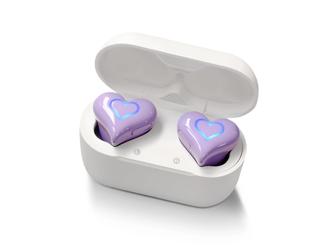 Fones coração com luz atualizados, sem fio, com estojo, estéreo HiFi, cancelamento ruído, Bt5.3 roxo JIAPEI