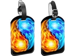 Conjunto De 2 Etiquetas Bagagem Em Couro Sintético Proteger Sua Privacidade Design Chinês Yin Yang, Fogo E Água
