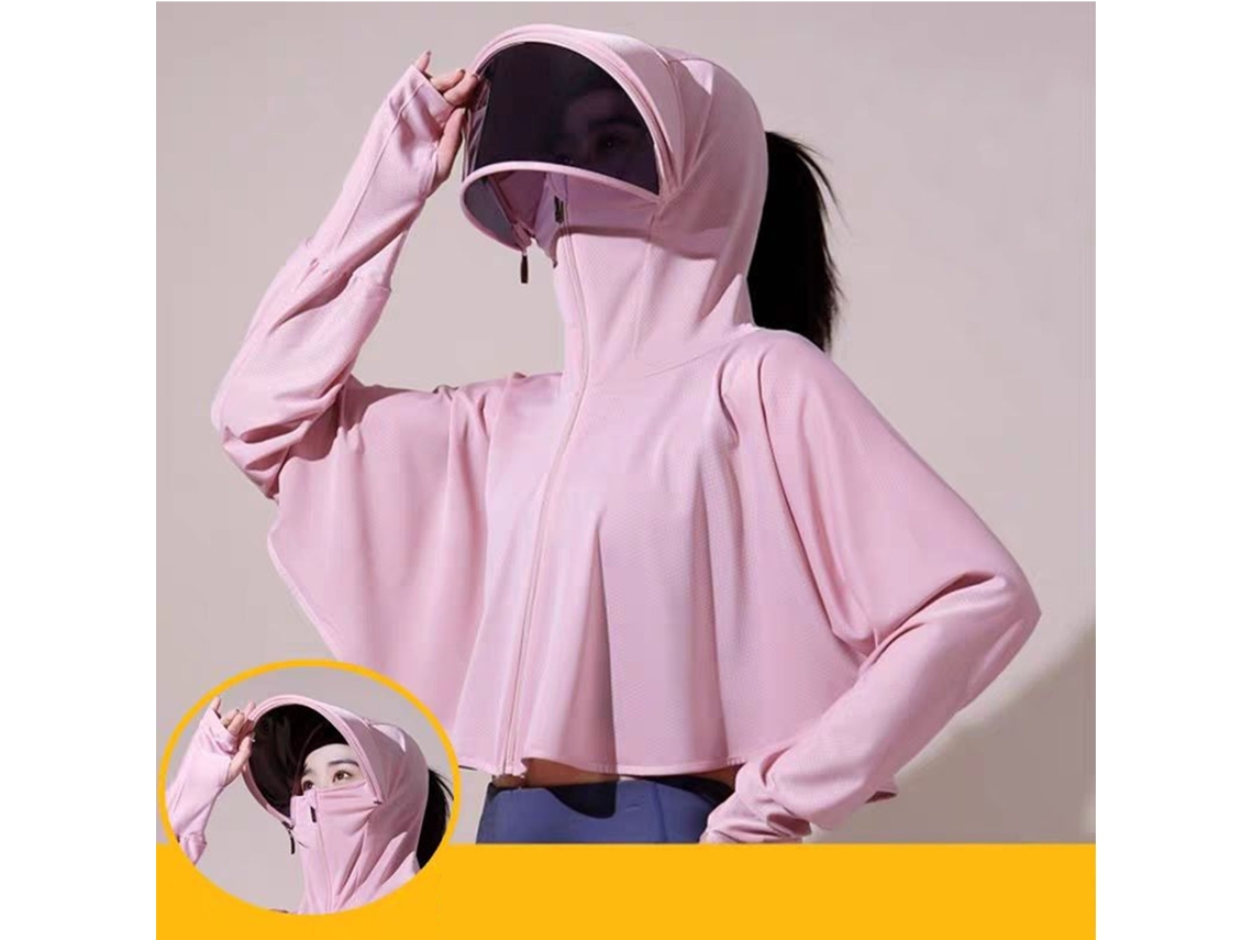 Camiseta Com Capuz Para Mulher De Manga Longa Protetora Solar Verão Transpirable Tecido Seda Gelo Resistente A Uv Tamanho L Rosa