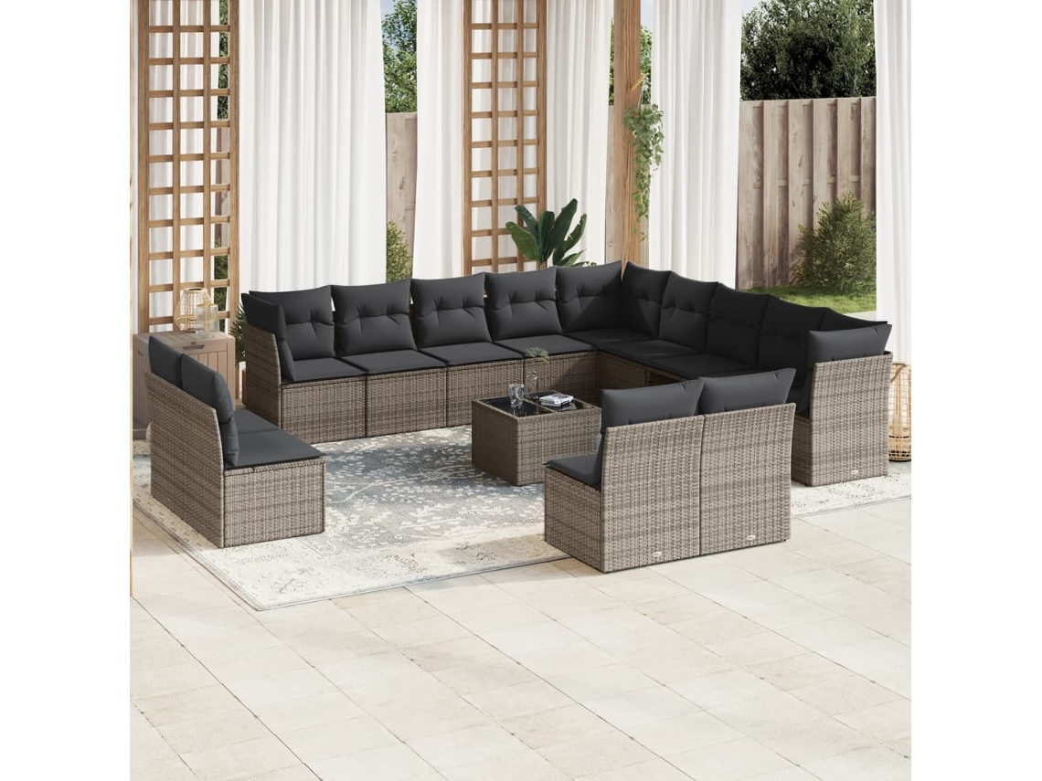 Vidaxl 14 Pcs Conjunto Sofás P/ Jardim C/ Almofadões Vime Pe Cinzento