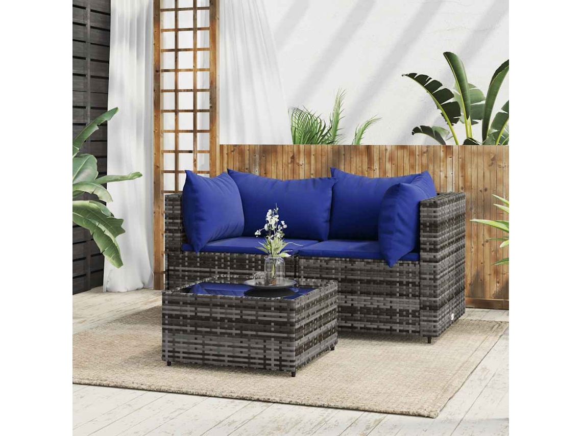 Vidaxl 3 Pcs Conjunto Lounge De Jardim C/ Almofadões Vime Pe Cinzento