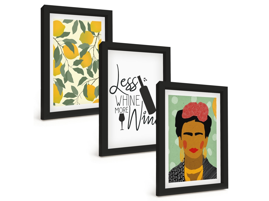 Quadros Decorativos Para Parede Limões, Vinho, Retrato De Frida Moldura Preta Quadros Para O Escritório Espelharte (3 Peças 20x30 Cm)