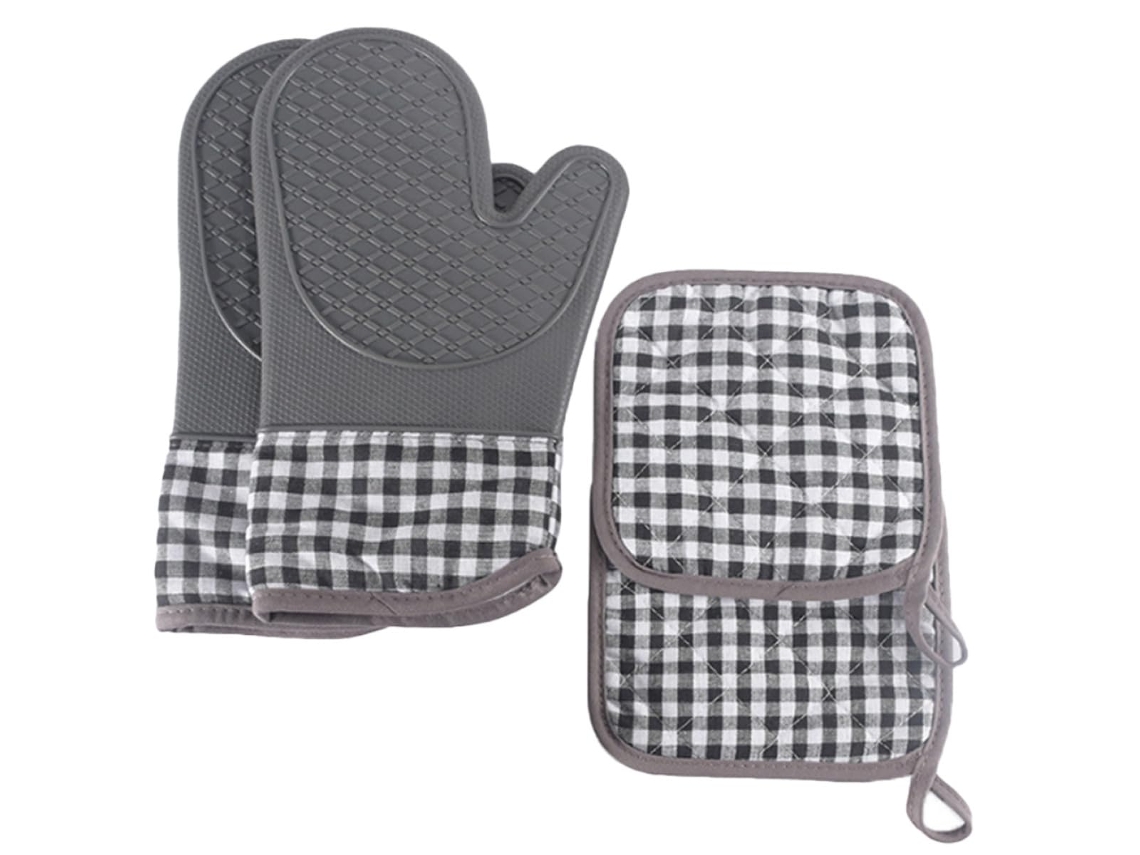 Conjunto 4 Peças Cinza: Luvas e Esteimas Térmicas Silicone Antiderrapante, para Forno e Micro ondas.