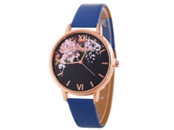 Relógio de Pulso Feminino Estilo Floral com Pulseira de Couro Azul Zafiro