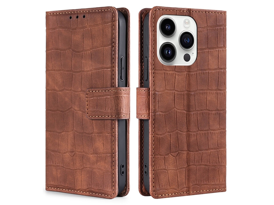 Capa Textura Crocodilo Para Iphone 15 Pro Pele Sintética Anti-choque Castanho