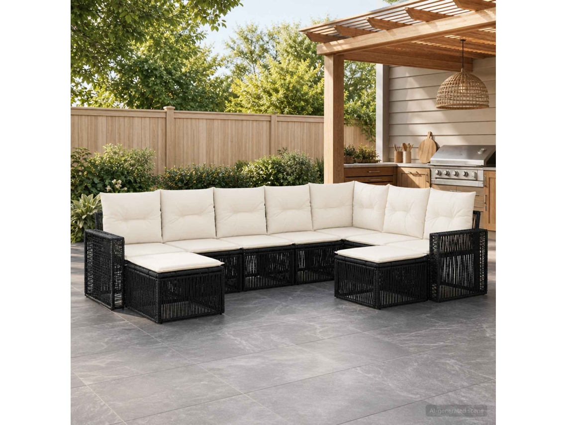 Vidaxl Conjunto De Sofá De Jardim 9 Pcs Preto E Branco Creme Vime Pe