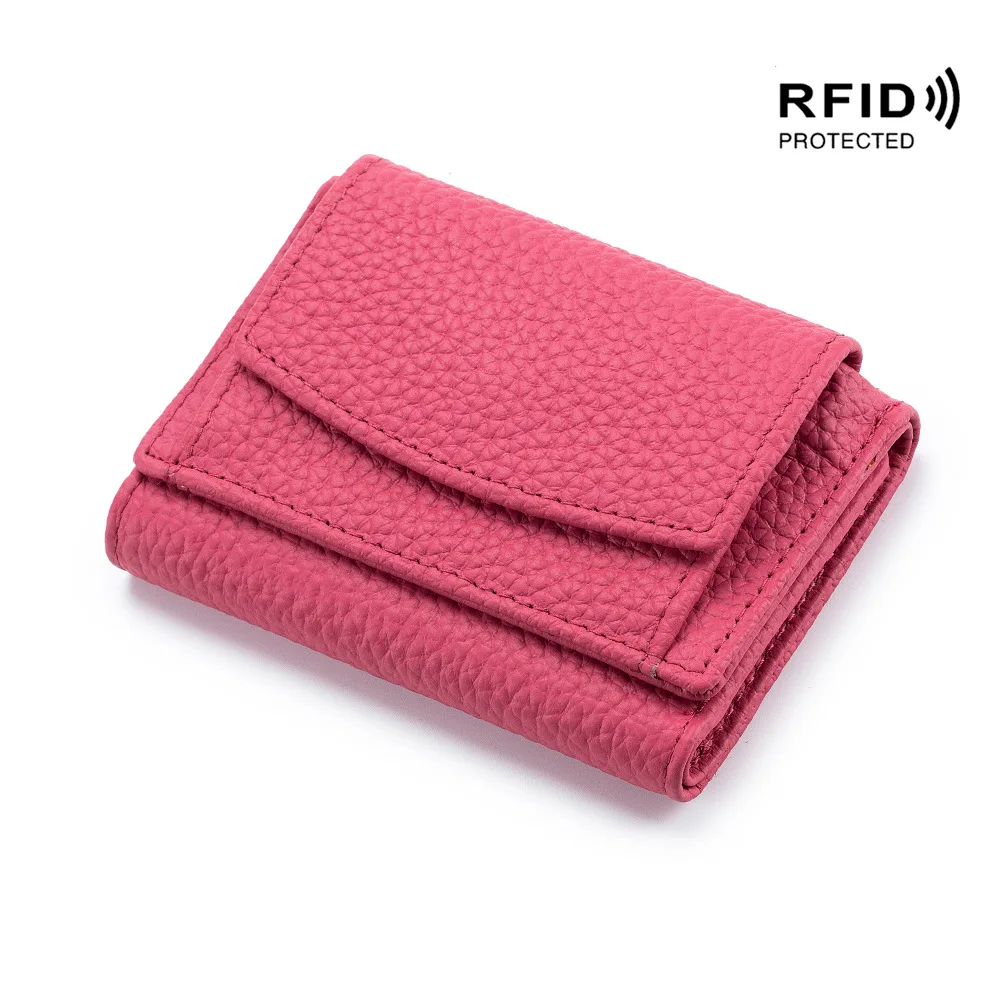 (2753-vermelho Rosa) Carteira 100% Em Couro Genuíno, Elegante Mini Porta-moedas, Porta-cartões Antifurto
