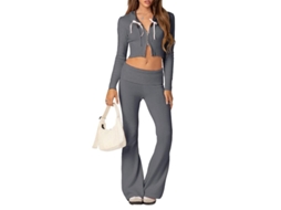 Conjunto de Malha Y2k para Mulher de Natal com Blusa Cropped e Calças de Moletom Longo Manga S Gris