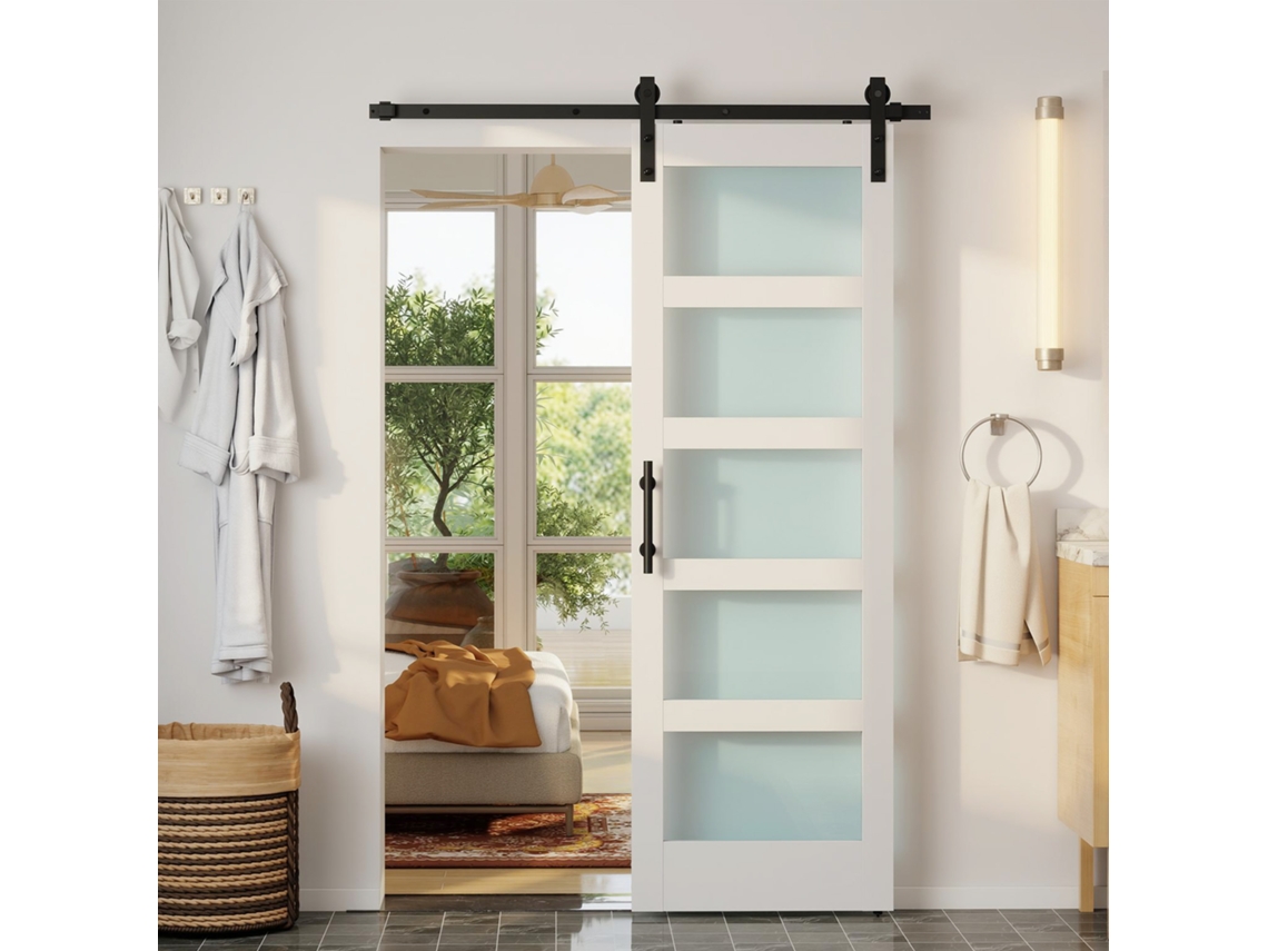 Puerta Corredera Interna 71x213 Cm Con Kit De Montaje, Mdf Y Vidrio Esmerilado, Riel Y Herrajes, Blanco