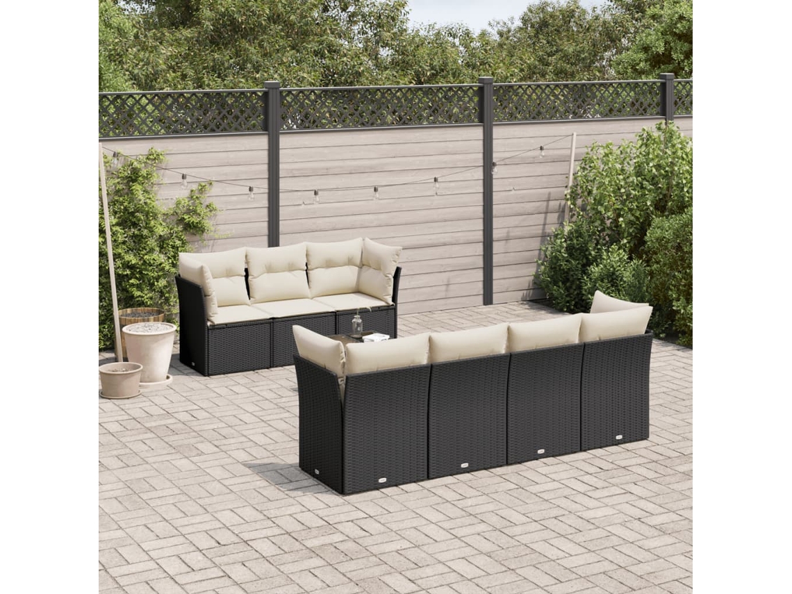 Vidaxl 8 Pcs Conjunto Sofás De Jardim Com Almofadões Vime Pe Preto