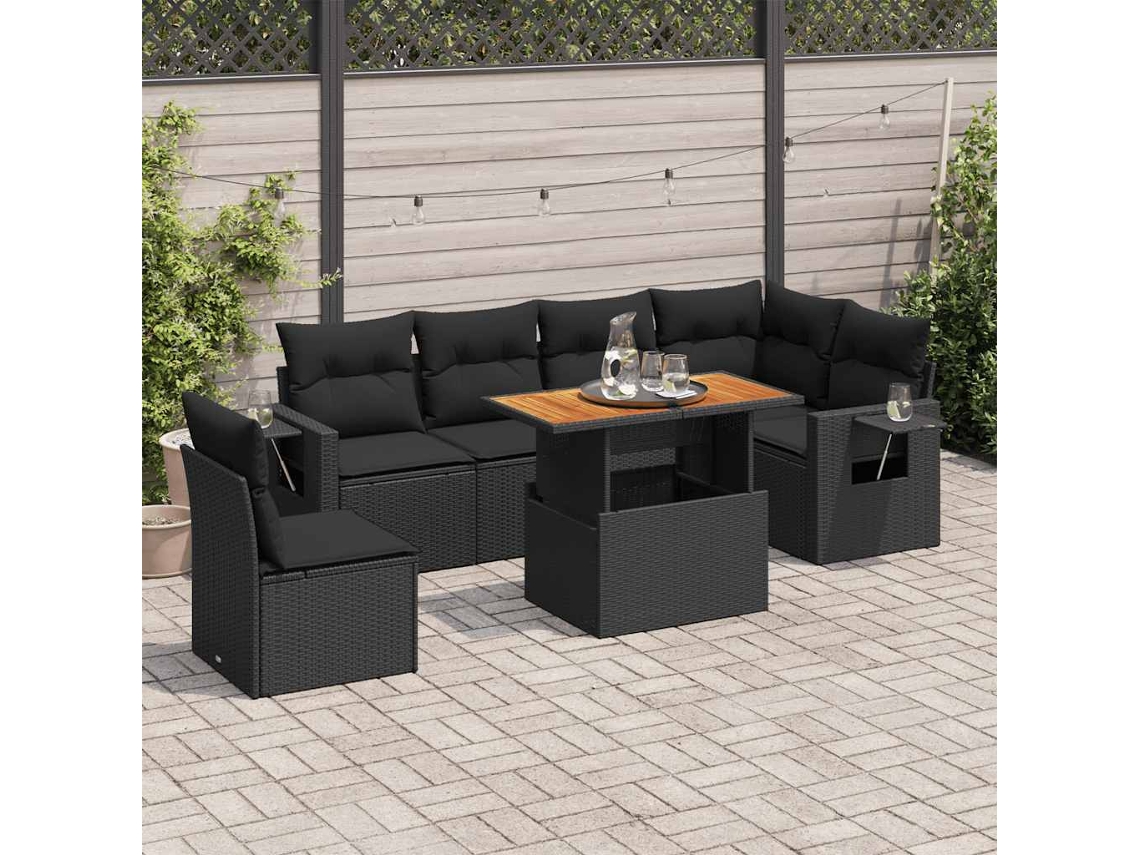 Vidaxl 7 Pcs Conjunto De Sofás P/ Jardim C/ Almofadões Vime Pe Preto