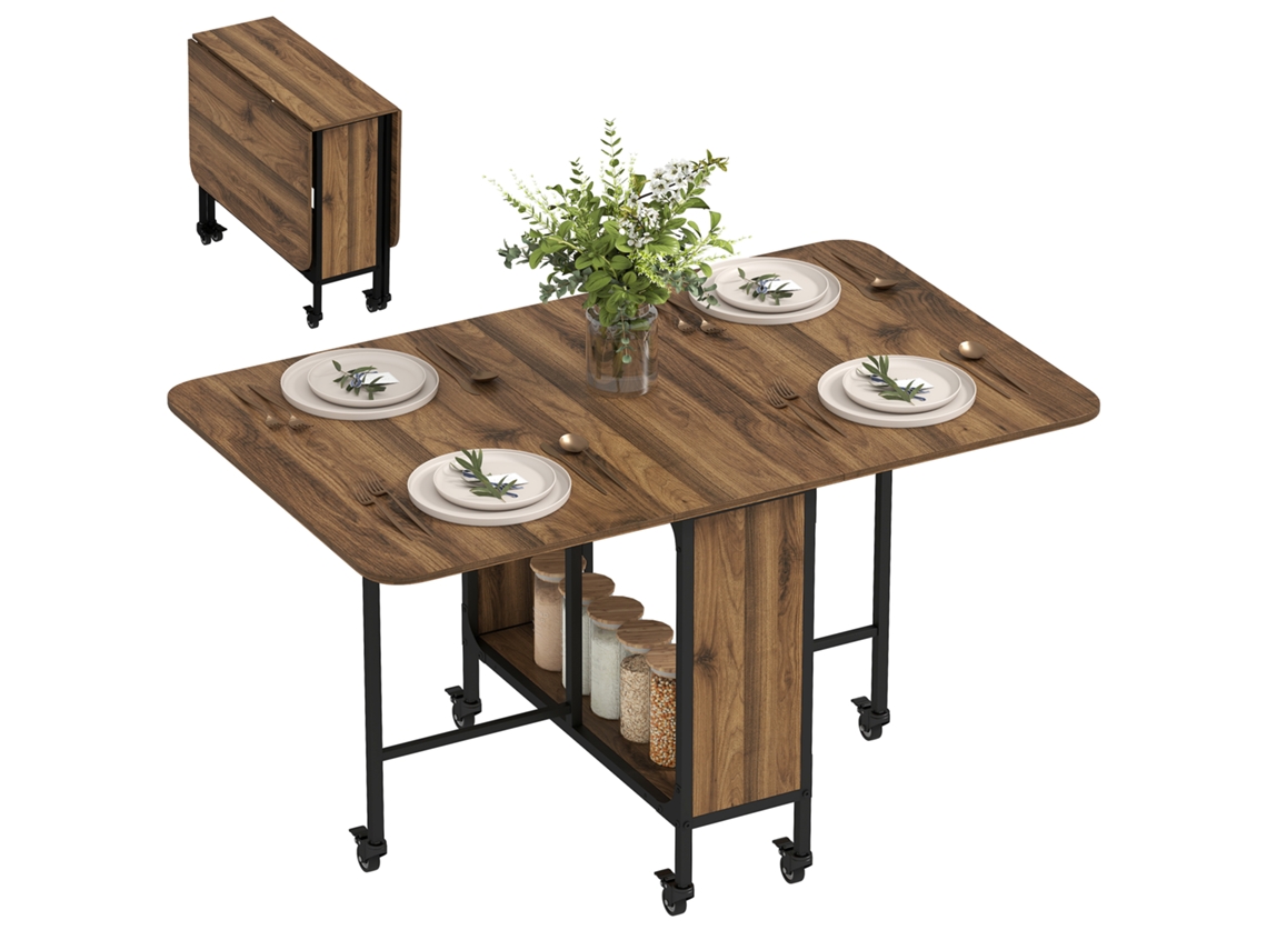 Mesa dobrável com 6 rodízios e prateleira em estilo industrial em madeira e metal marrom claro BTFORUS