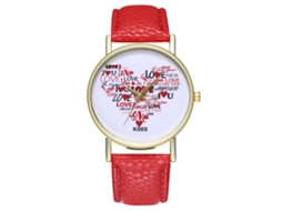 Relógio de quartzo moderno com pulseira de couro PU para casais, mostrador redondo vermelho.