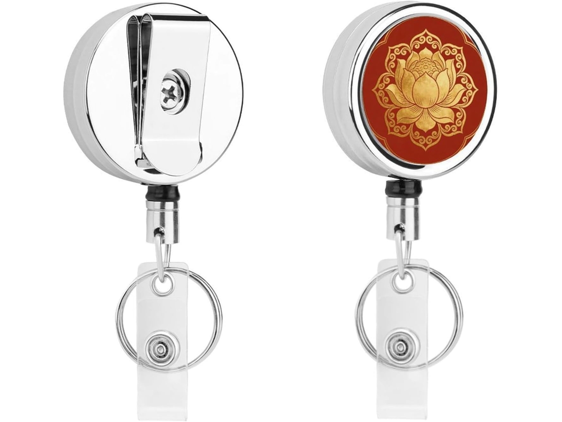 Porta Crachá Retrátil Dourado Com Estampa Floral, Em Metal, Portátil, Com Cordão De Nylon E Chaveiro De Aço Inoxidável