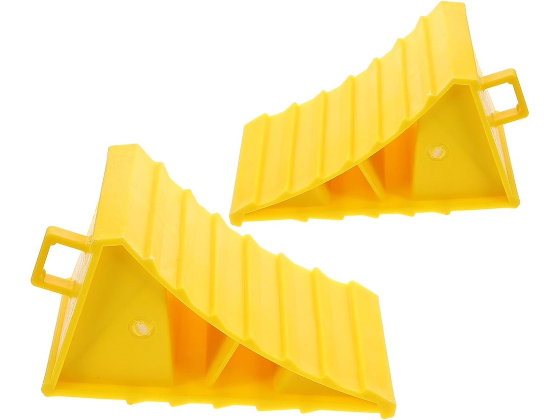 Dispositivo de parada de roda triangular Borracha Amarela, leve e robusto.