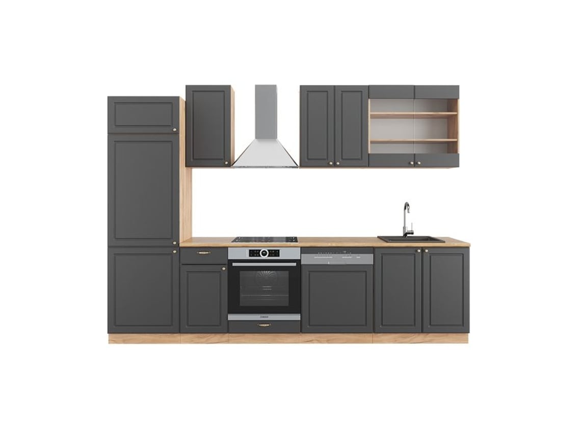 Cozinha Fame-Line, 300 cm, Carvalho PT, Country Antracite/Carvalho Dourado, Vicco