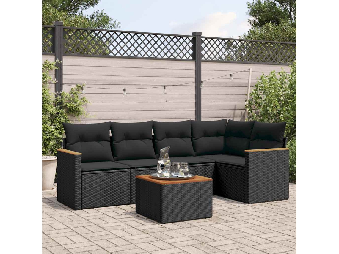 Vidaxl 6 Pcs Conjunto Sofás De Jardim C/ Almofadões Vime Pe Preto