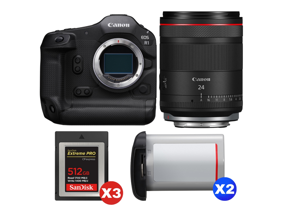 Eos R1 + Rf 24mm F/1.4 L Vcm + 3 Sandisk 512gb Extreme Pro Cfexpress Type B + 2 Canon Lp e19 + Ebook “20 Dicas para Fotos Que Impressionam” CANON