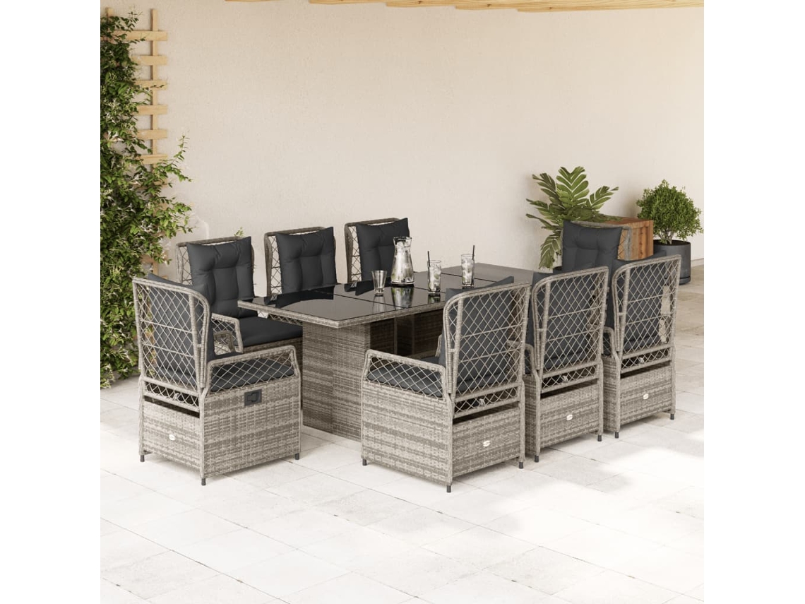 Conjunto 9 Peças Jantar P/ Jardim C/ Almofadões Vime Pe Cinza Dkd Home Decor
